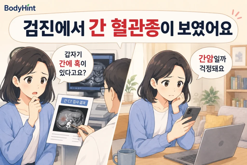건강검진에서 간 혈관종이 보였다는 말을 듣고 놀란 뒤 간암일까 검색하며 걱정하는 일본애니풍 여성 캐릭터의 BodyHint 공감형 2컷 이미지