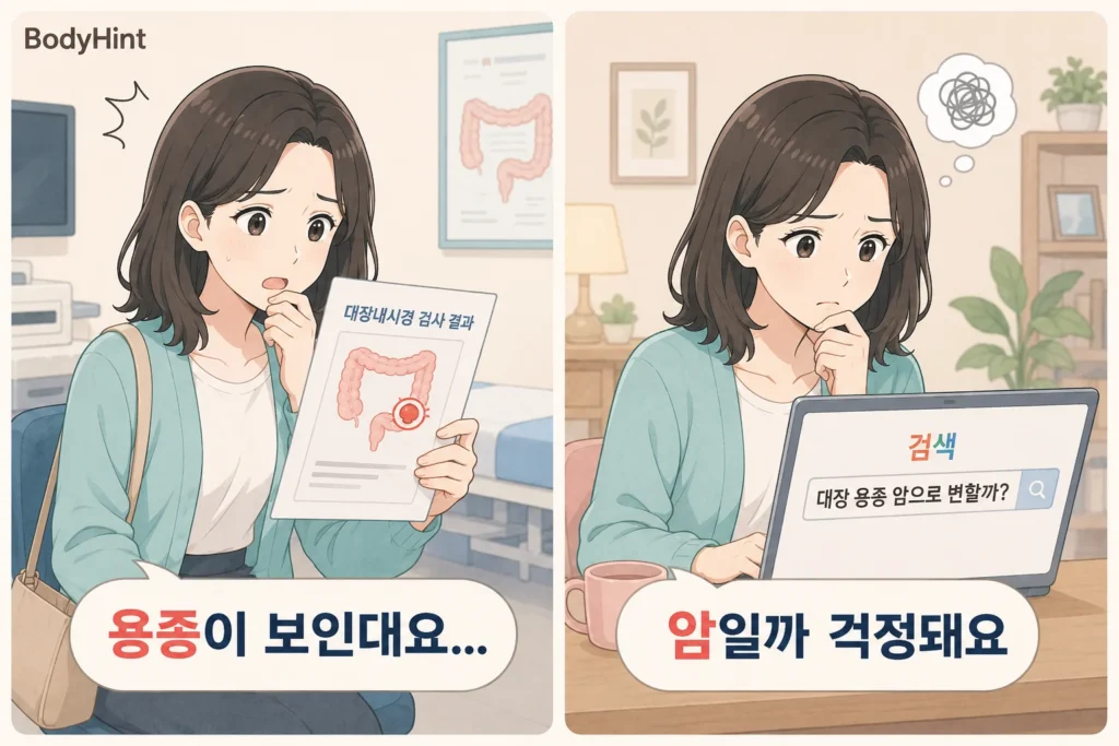 대장내시경 결과에서 용종이 발견됐다는 설명을 듣고 놀란 뒤 대장 용종이 암으로 변할지 검색하며 걱정하는 여성의 BodyHint 공감형 2컷 이미지