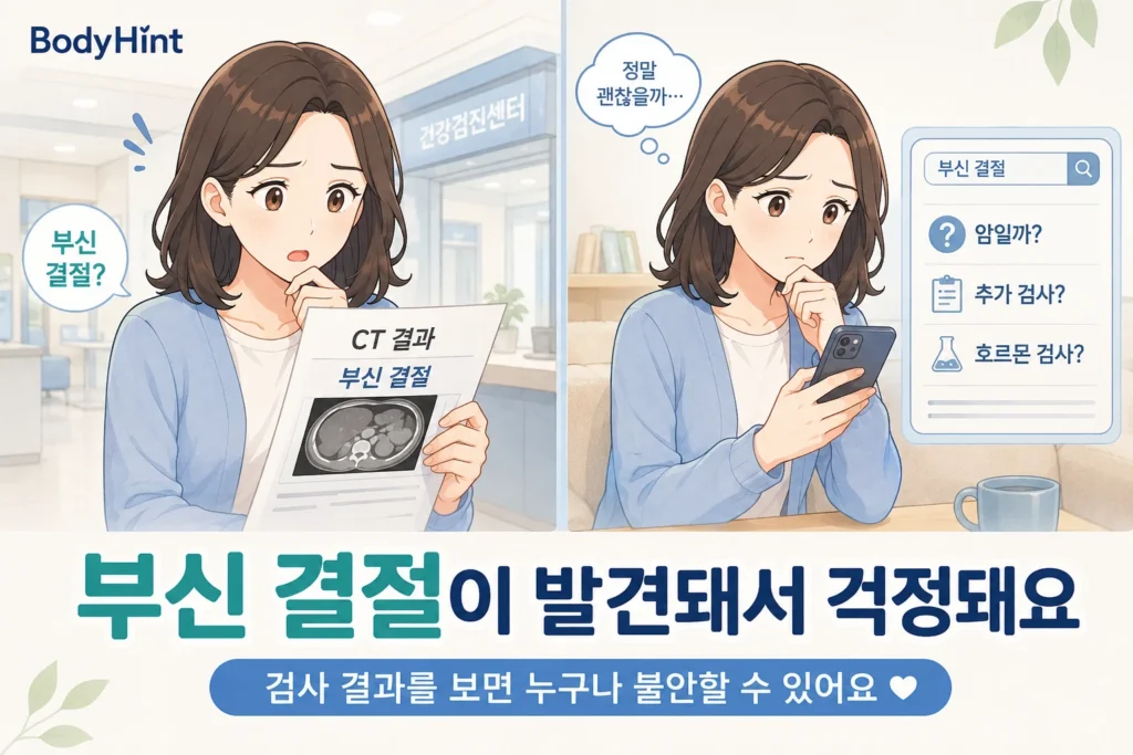 건강검진 CT 결과에서 부신 결절을 발견한 뒤 암인지 추가 검사와 호르몬검사가 필요한지 검색하며 걱정하는 여성의 BodyHint 공감형 2컷 이미지