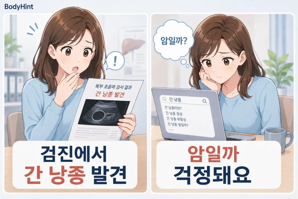건강검진 복부 초음파에서 간 낭종이 발견됐다는 결과를 보고 놀란 뒤 집에서 간 낭종이 암인지 검색하며 걱정하는 여성의 BodyHint 공감형 2컷 이미지