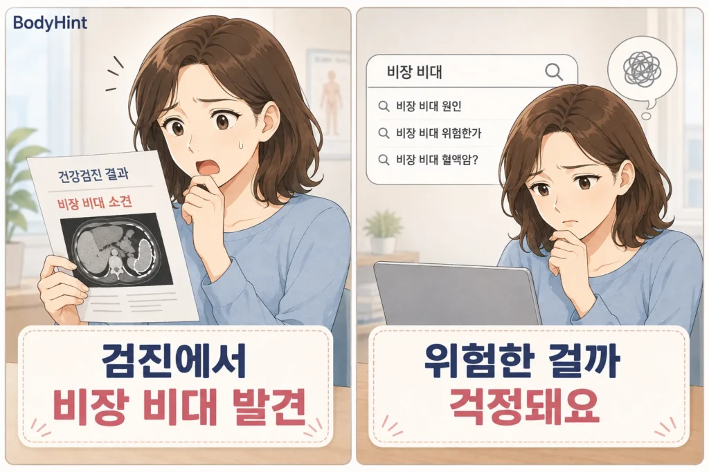 건강검진에서 비장 비대가 발견됐다는 결과를 보고 놀란 뒤 비장 비대 원인과 위험성을 검색하며 걱정하는 여성의 BodyHint 공감형 2컷 이미지