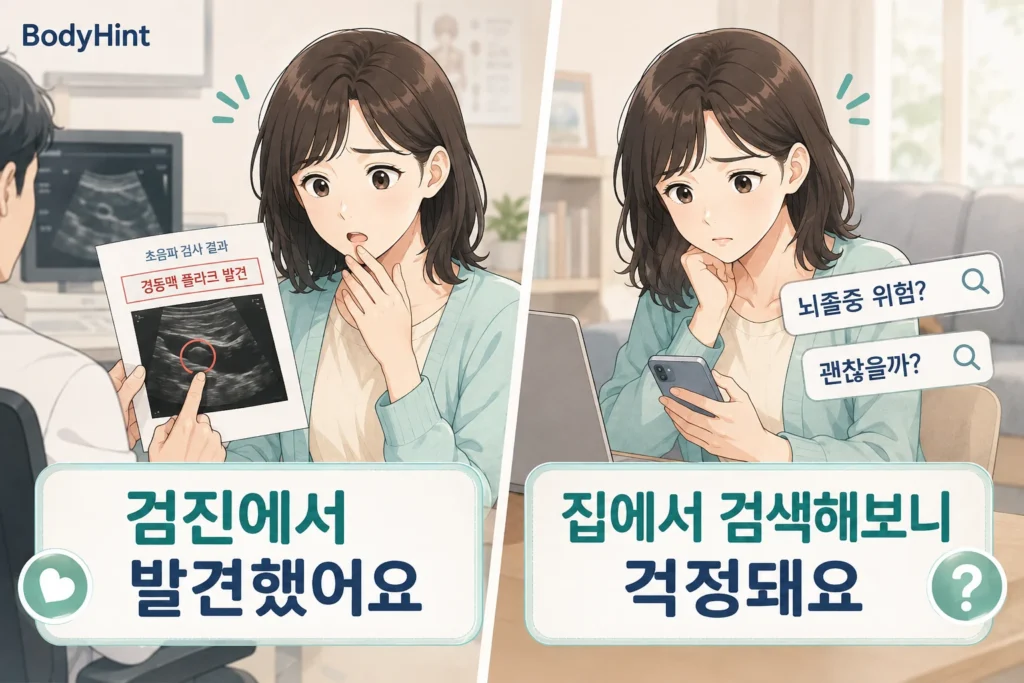 경동맥 초음파 검사에서 플라크가 발견된 뒤 집에서 뇌졸중 위험과 괜찮은지 검색하며 걱정하는 여성의 2컷 이미지
