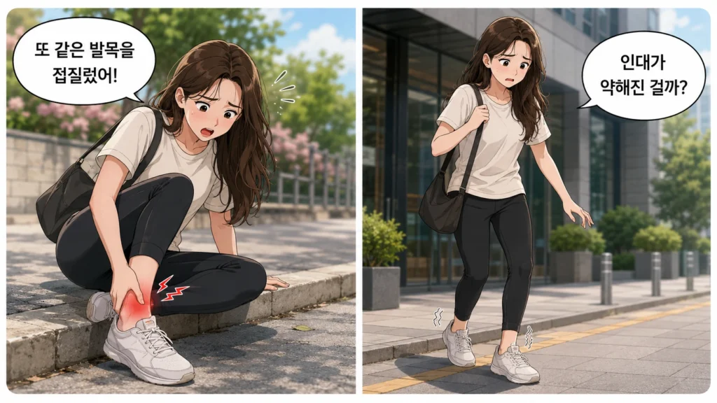 같은 발목을 또 접질러 주저앉은 여성과, 이후 평지를 걸을 때도 발목이 휘청거려 인대가 약해진 것인지 걱정하는 여성의 공감형 2컷 만화