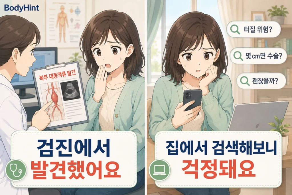 건강검진에서 복부 대동맥류가 발견된 뒤 집에서 터질 위험과 몇 cm면 수술하는지 검색하며 걱정하는 여성의 2컷 이미지
