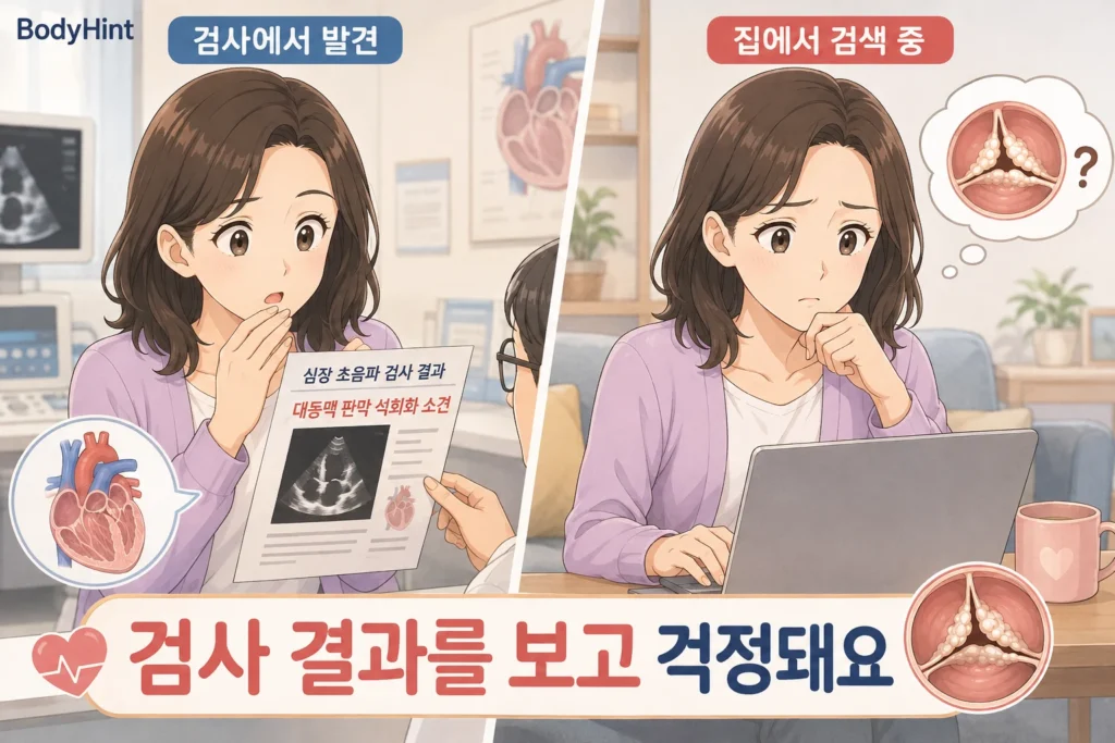 심장초음파 검사에서 대동맥 판막 석회화 소견을 들은 뒤 집에서 판막 협착과 위험성을 검색하며 걱정하는 여성의 공감형 2컷 이미지