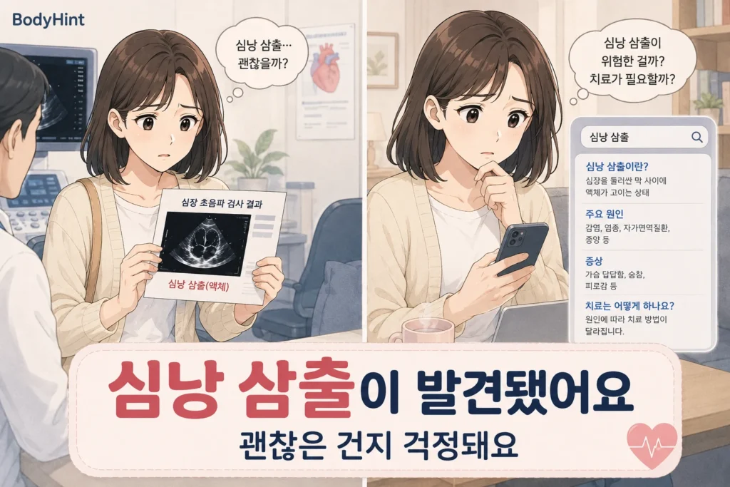 심장초음파에서 심낭 삼출이 발견된 뒤 집에서 위험한지와 치료가 필요한지 검색하며 걱정하는 여성의 공감형 2컷 이미지