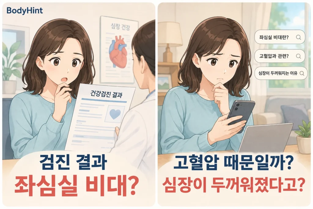 건강검진에서 좌심실 비대 결과를 들은 뒤 집에서 고혈압과 심장이 두꺼워지는 이유를 검색하며 걱정하는 여성의 공감형 2컷 이미지