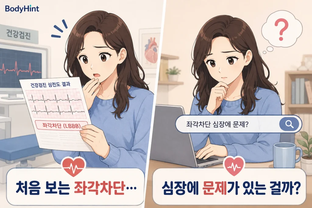 건강검진 심전도에서 처음 좌각차단 결과를 확인한 뒤 집에서 심장에 문제가 있는지 검색하며 걱정하는 여성의 공감형 2컷 이미지