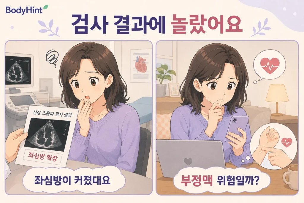 심장초음파에서 좌심방 확장 결과를 들은 뒤 집에서 부정맥 위험이 큰지 검색하며 걱정하는 여성의 공감형 2컷 이미지