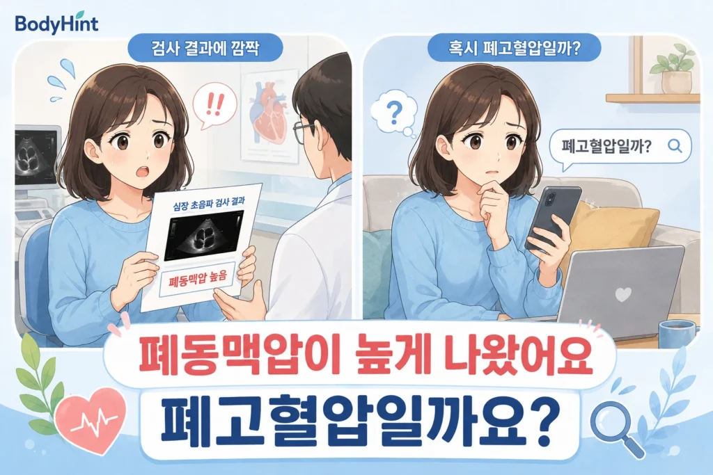 심장초음파에서 폐동맥압이 높게 나왔다는 결과를 들은 뒤 집에서 폐고혈압인지 검색하며 걱정하는 여성의 공감형 2컷 이미지