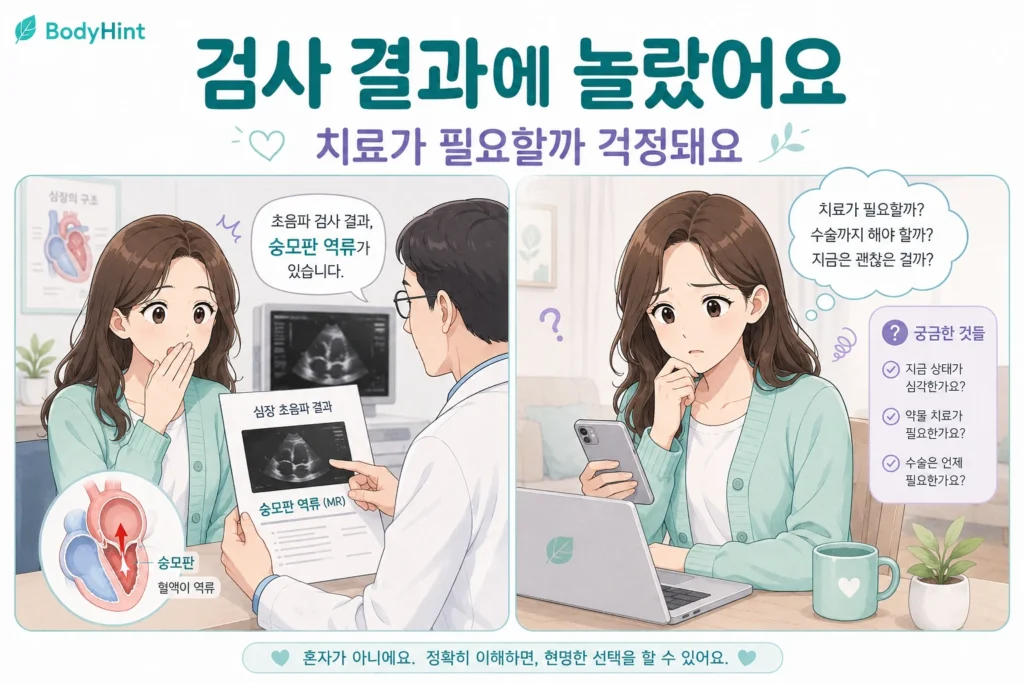 심장초음파에서 승모판 역류가 있다는 말을 들은 뒤 집에서 치료와 수술이 필요한지 검색하며 걱정하는 여성의 공감형 2컷 이미지