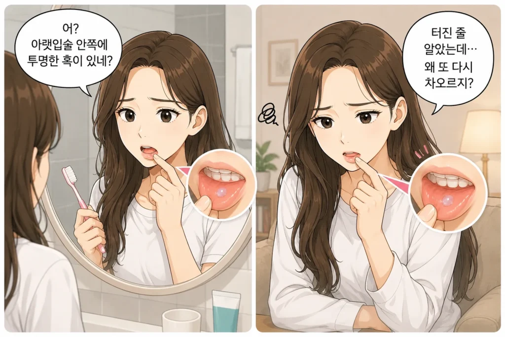 양치하다 아랫입술 안쪽의 투명한 혹을 발견한 여성과, 터진 줄 알았던 혹이 같은 자리에 다시 차올라 걱정하는 여성의 공감형 2컷 만화
