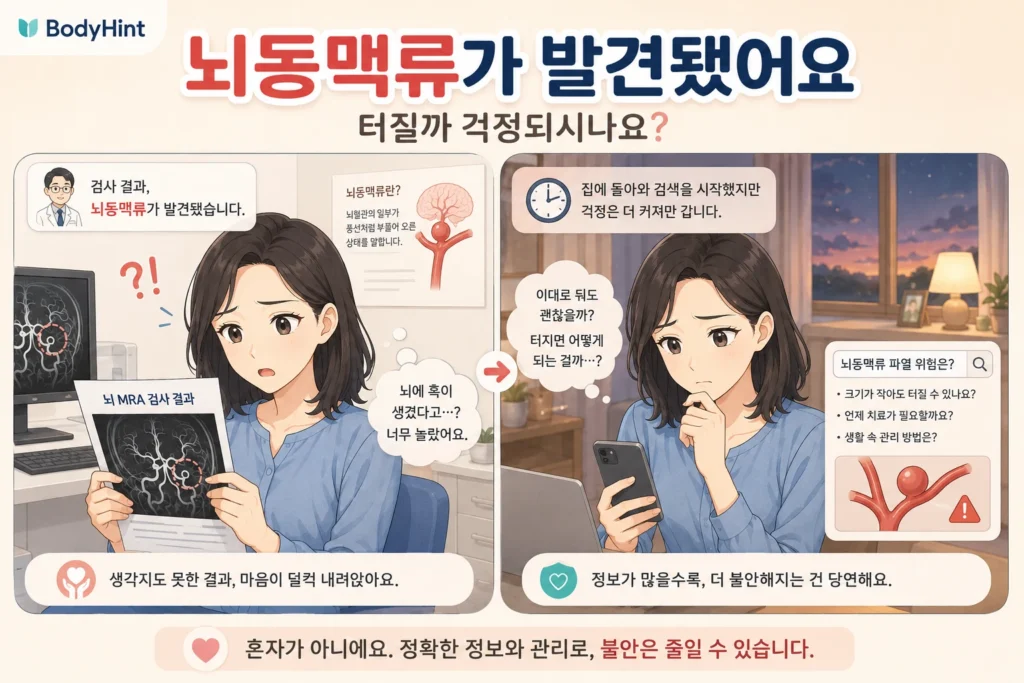 병원에서 뇌 MRA 검사로 뇌동맥류가 발견됐다는 말을 들은 뒤 집에서 파열 위험과 치료 필요성을 검색하며 걱정하는 여성의 공감형 2컷 이미지