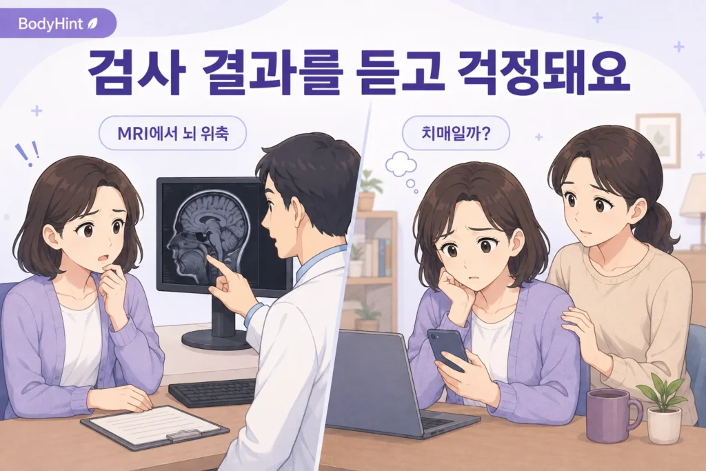 병원에서 뇌 MRI에 뇌 위축이 보인다는 결과를 들은 뒤 집에서 치매 가능성을 걱정하는 여성과 가족의 공감형 2컷 이미지