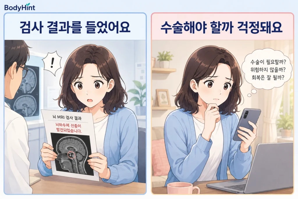 병원에서 뇌 MRI로 뇌하수체 선종이 발견됐다는 결과를 들은 뒤 집에서 수술 필요성과 위험성을 검색하며 걱정하는 여성의 공감형 2컷 이미지