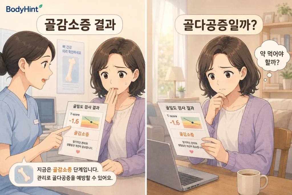 병원에서 골밀도 검사 결과 골감소증이라는 설명을 들은 뒤 집에서 골다공증과 약물치료가 필요한지 걱정하는 여성의 공감형 2컷 이미지