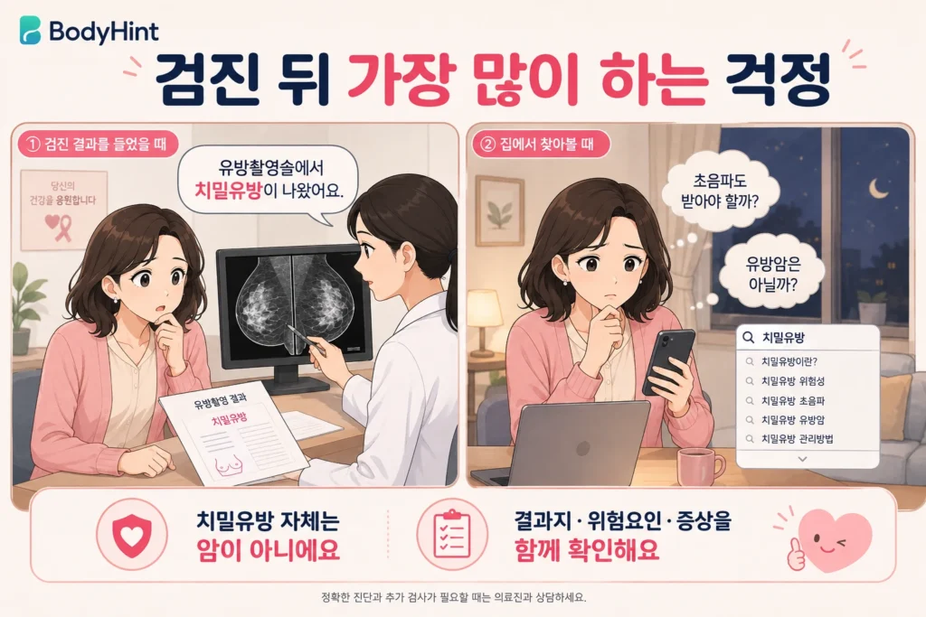 유방촬영술에서 치밀유방 결과를 들은 뒤 집에서 유방암과 유방초음파 필요성을 검색하며 걱정하는 여성