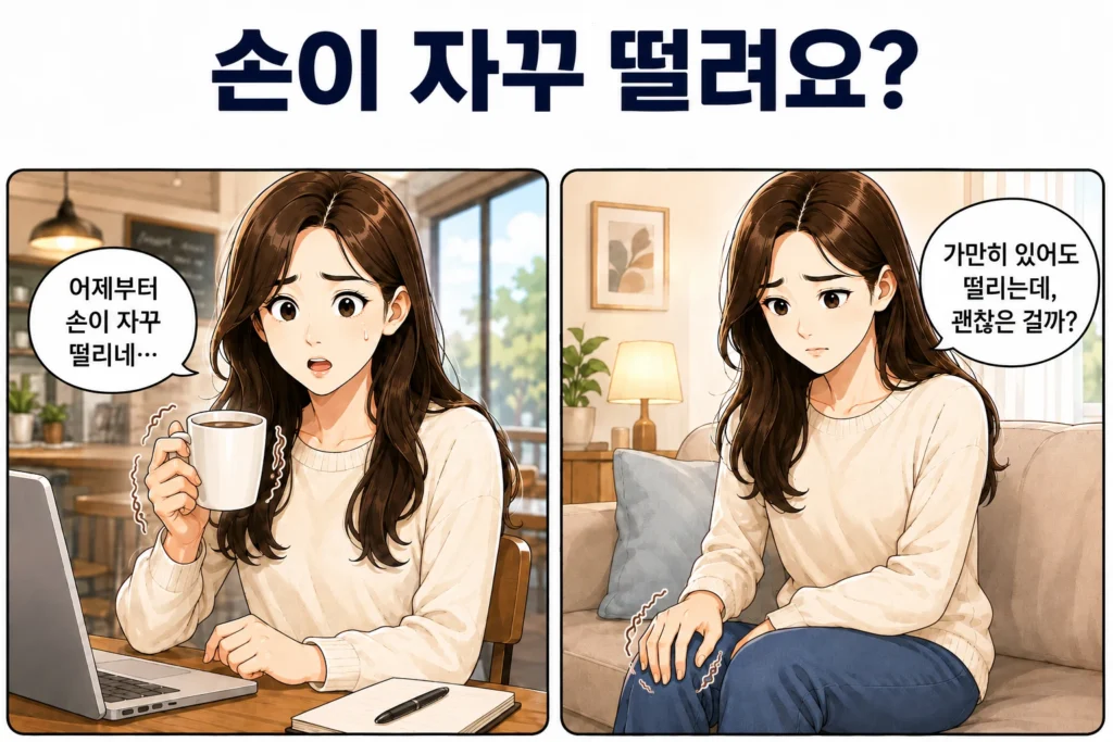 어제부터 물컵을 들 때 손이 떨리고 가만히 있을 때도 떨림이 이어져 걱정하는 대표 여성 캐릭터의 공감형 2컷 만화