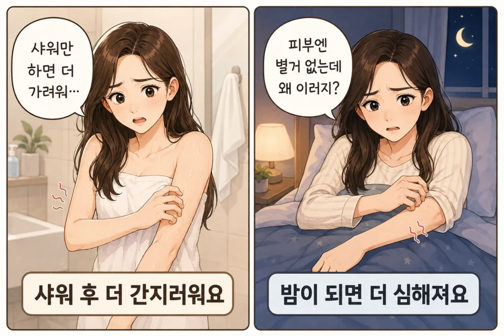 샤워 후 피부가 당기고 가려운 모습과 밤이 되면 발진 없이 팔이 더 가려워 잠을 설치는 대표 여성 캐릭터의 공감형 2컷 만화