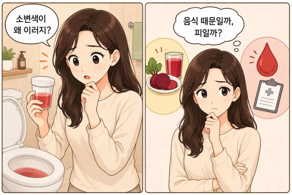 붉은 소변을 발견한 젊은 여성 캐릭터가 음식 때문인지 혈뇨인지 걱정하는 공감형 2컷 만화