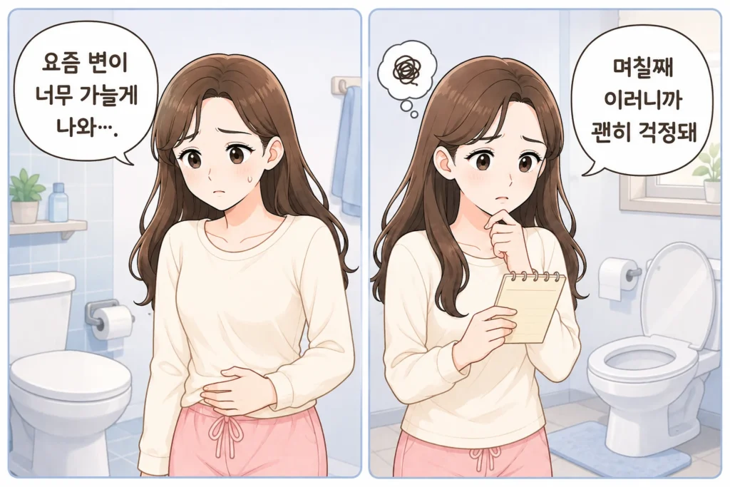최근 변이 너무 가늘게 나오고 며칠째 같은 변화가 이어져 걱정하는 대표 여성 캐릭터의 공감형 2컷 만화