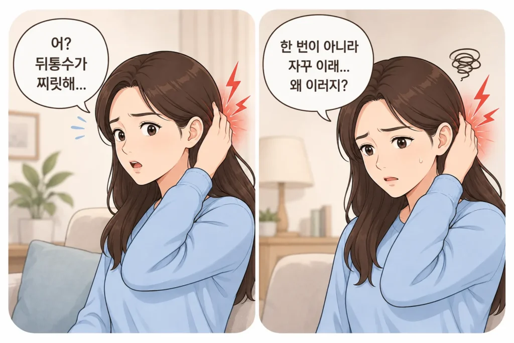 뒤통수가 갑자기 찌릿하고 반복돼 걱정하며 머리 뒤쪽을 만지는 젊은 여성의 공감형 2컷 만화
