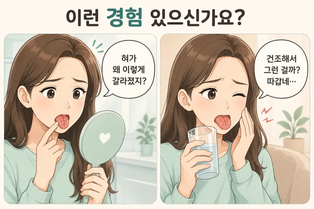 거울로 갈라진 혀를 확인한 뒤 건조함과 따가움을 걱정하며 물을 마시는 젊은 여성의 공감형 2컷 만화