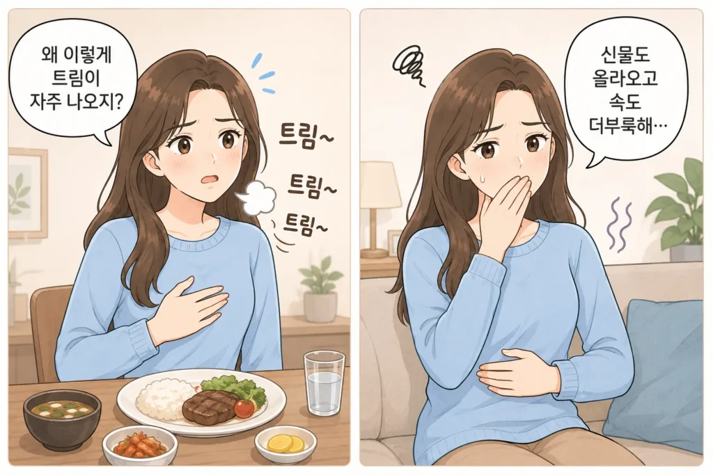 식사 후 트림이 계속 나오고 신물이 올라오며 속이 더부룩해 걱정하는 젊은 여성의 공감형 2컷 만화