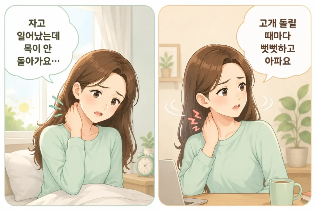 자고 일어난 뒤 목이 한쪽으로 돌아가지 않고 고개를 돌릴 때마다 뻣뻣하고 아파 걱정하는 젊은 여성의 공감형 2컷 만화