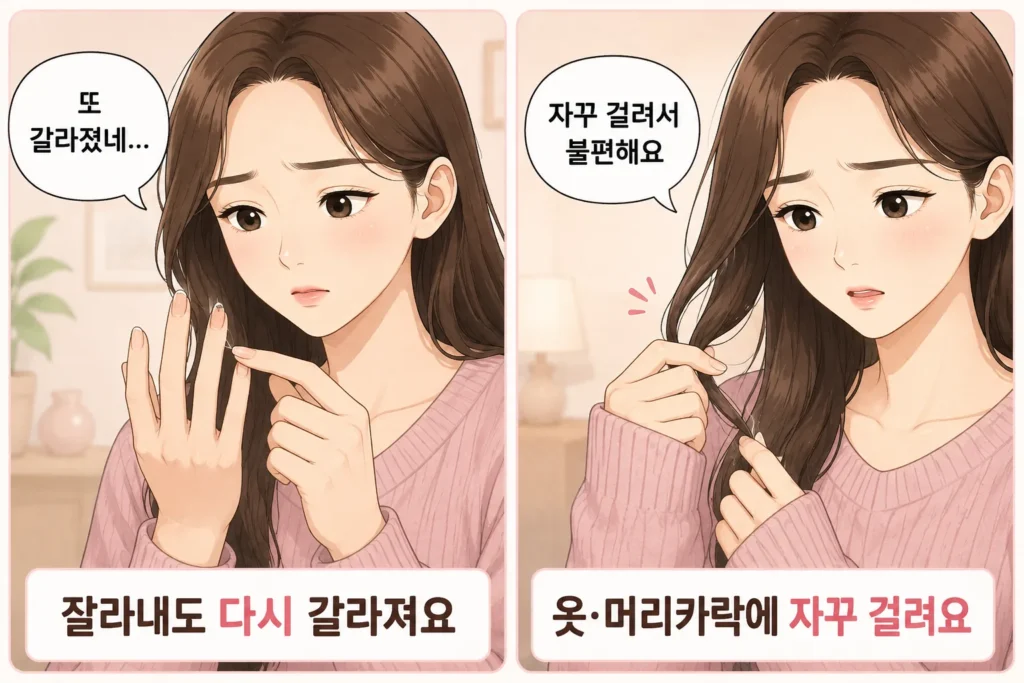 갈라진 손톱을 걱정스럽게 살펴보고 옷과 머리카락에 걸려 불편해하는 긴 갈색 머리 여성의 공감형 2컷 만화