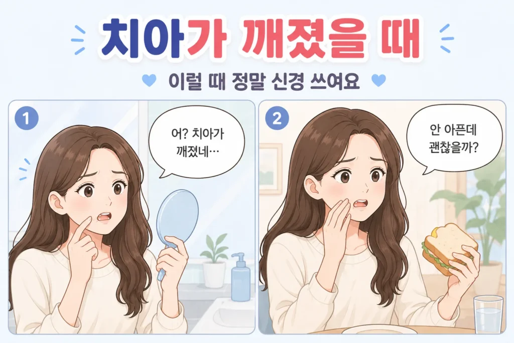 거울로 깨진 치아를 발견한 뒤 통증이 없어도 괜찮은지 걱정하는 긴 갈색 머리 여성의 공감형 2컷 만화