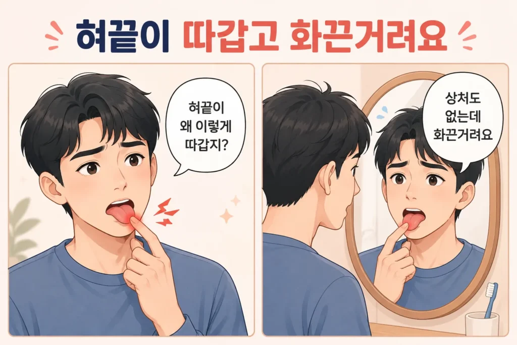 짧은 검은 머리 남성이 따갑고 화끈거리는 혀끝을 만져보고 거울로 살펴보지만 눈에 보이는 상처가 없어 걱정하는 공감형 2컷 만화