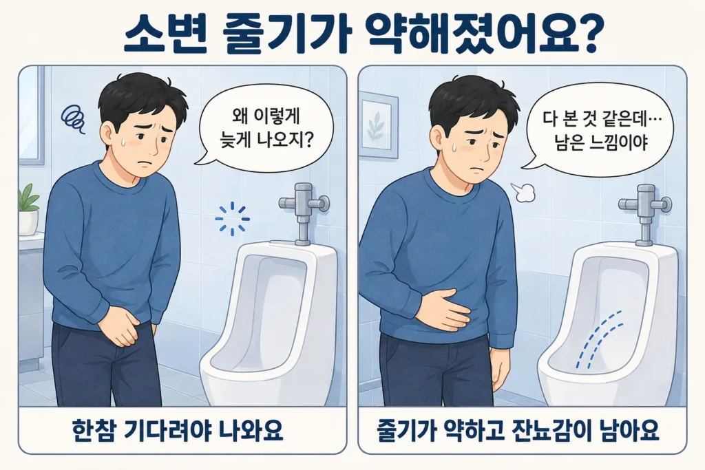 짧은 검은 머리 남성이 화장실에서 소변이 늦게 나오고 줄기가 약하며 잔뇨감이 남아 걱정하는 공감형 2컷 만화