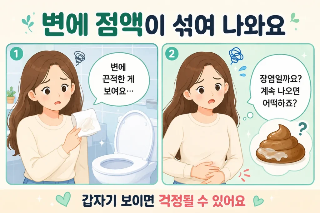 긴 갈색 머리 여성이 화장실에서 휴지에 묻은 끈적한 점액을 발견하고 장염인지 걱정하며 아랫배를 짚는 공감형 2컷 만화