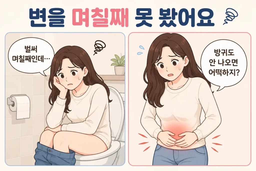 며칠째 변을 보지 못해 화장실에서 고민하고 배가 빵빵한데 방귀도 나오지 않아 걱정하는 대표 여성 캐릭터의 공감형 2컷 만화