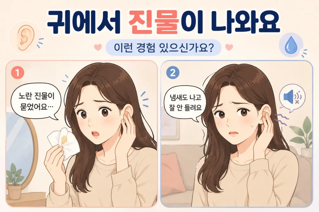 긴 갈색 머리 여성이 휴지에 묻은 노란 귀 진물을 발견하고 냄새와 청력 저하까지 느껴 걱정하는 공감형 2컷 만화