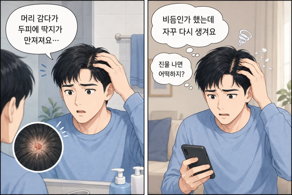 짧은 검은 머리의 남성이 머리를 감다가 두피 딱지를 발견하고, 비듬인 줄 알았던 딱지가 반복되며 진물이 날까 걱정하는 공감형 2컷 만화