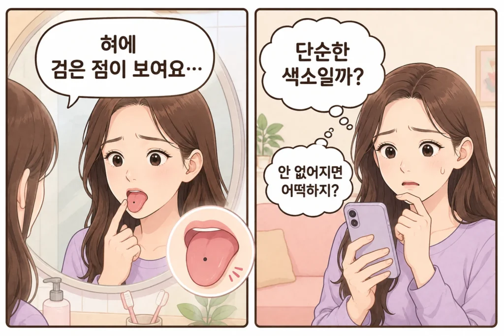 긴 갈색 머리의 여성이 거울을 보다가 혀에 생긴 검은 점을 발견하고, 단순한 색소인지 걱정하며 휴대전화로 확인하는 공감형 2컷 만화