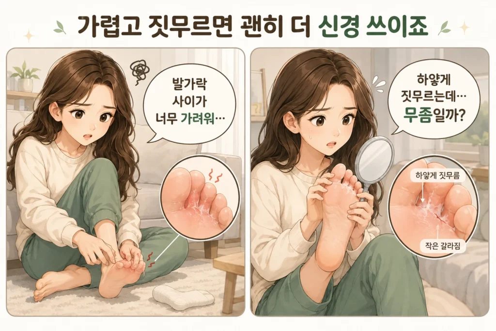 긴 갈색 머리의 여성이 발가락 사이의 심한 가려움을 느끼고, 하얗게 짓무르며 갈라진 피부를 거울로 확인하면서 무좀인지 걱정하는 공감형 2컷 만화