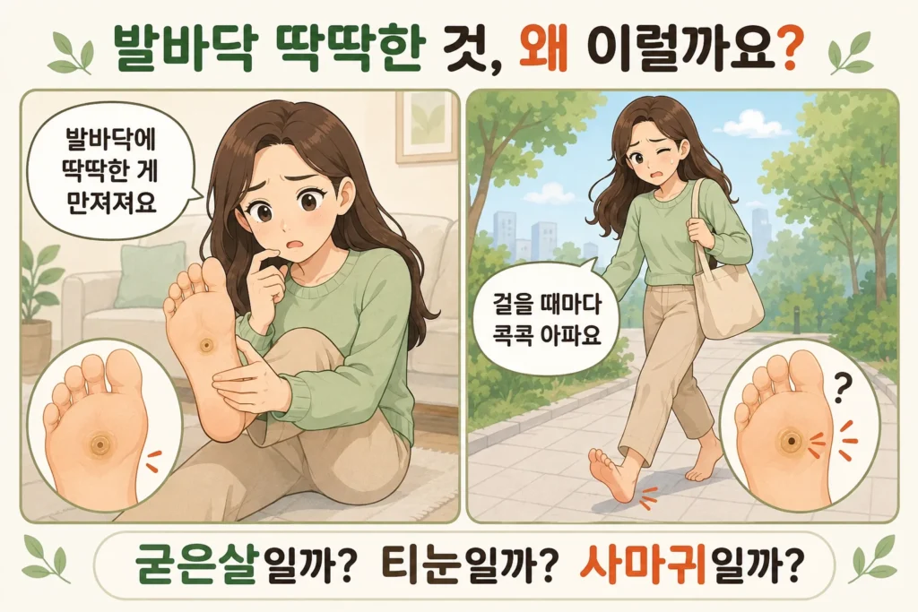 긴 갈색 머리의 여성이 발바닥에 생긴 딱딱한 병변을 발견하고, 걸을 때마다 콕콕 아파 굳은살·티눈·사마귀 중 무엇인지 걱정하는 공감형 2컷 만화