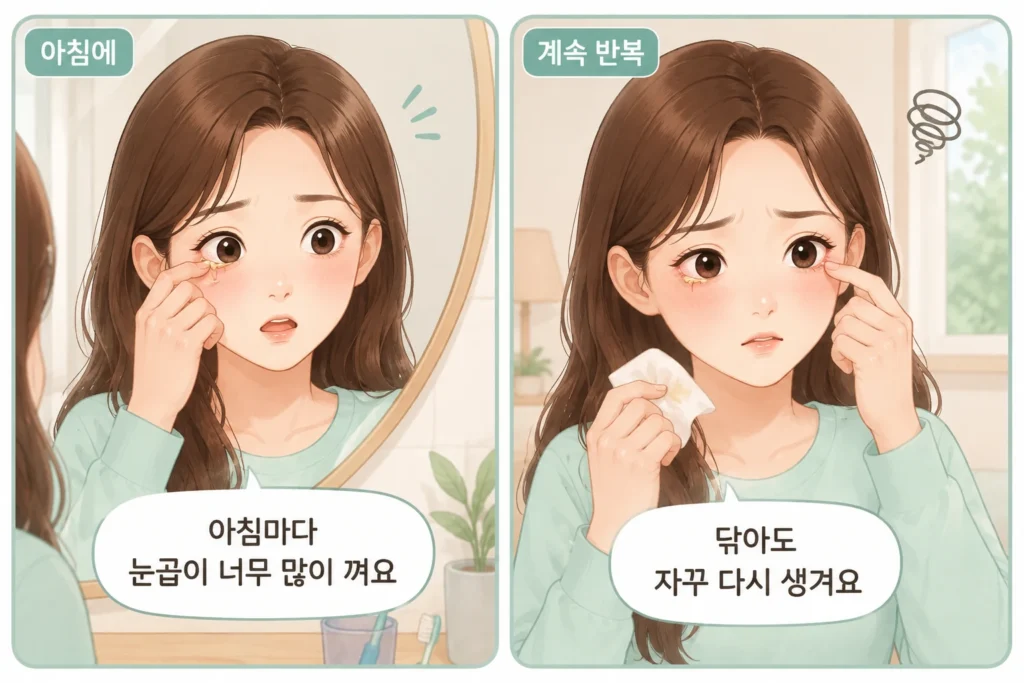긴 갈색 머리의 여성이 아침마다 눈곱이 많이 끼고 닦아도 다시 생겨 걱정하는 모습을 두 장면으로 보여주는 공감형 만화