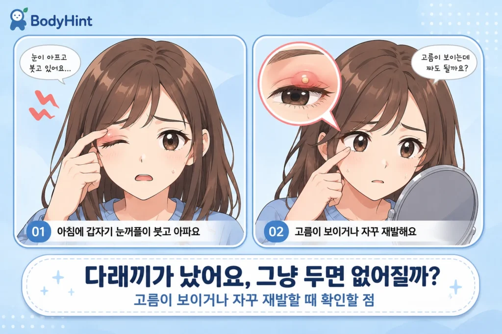 긴 갈색 머리의 20대 여성 캐릭터가 아침에 붓고 아픈 눈꺼풀을 발견하고, 이후 거울로 노란 고름점이 보이는 다래끼를 확인하며 재발을 걱정하는 공감형 2컷 만화