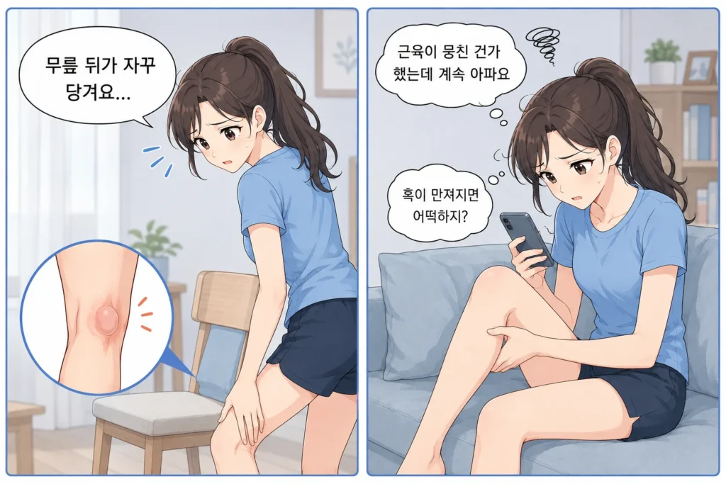 긴 갈색 머리의 20대 여성 대표캐릭터가 무릎 뒤쪽이 당기고 아픈 증상을 처음 느낀 뒤 오금의 말랑한 혹을 확인하고, 소파에서 스마트폰으로 검색하며 계속되는 통증과 혹을 걱정하는 공감형 2컷 만화