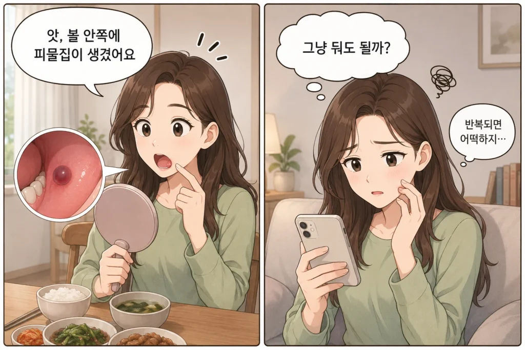 입안 볼 안쪽에 피물집을 발견한 여성이 거울로 확인하고 스마트폰으로 검색하며 걱정하는 공감형 2컷 만화