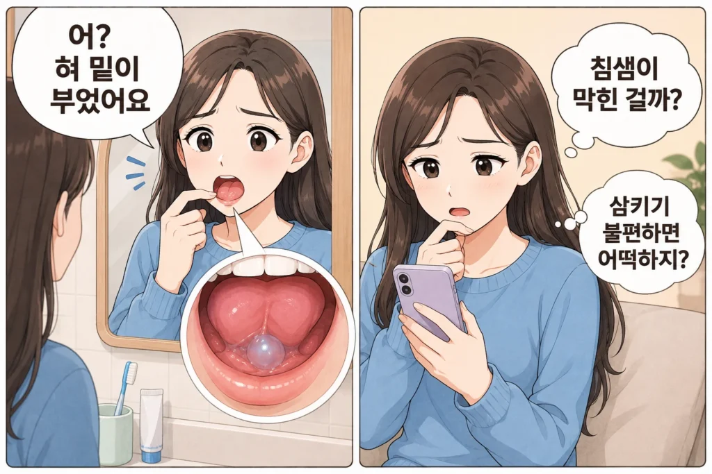 혀 밑이 부은 것을 거울로 발견한 여성이 스마트폰으로 침샘 막힘과 삼키기 불편한 증상을 검색하며 걱정하는 공감형 2컷 만화