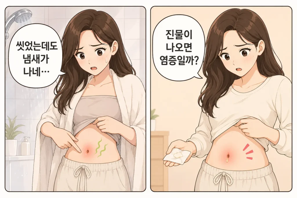샤워 후에도 배꼽에서 냄새가 나고 진물이 보여 염증인지 걱정하는 대표 여성 캐릭터의 공감형 2컷 만화