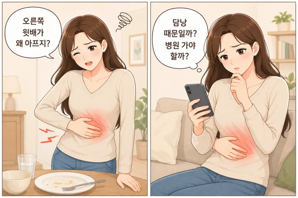 오른쪽 윗배 통증을 느낀 뒤 담낭 문제인지, 병원 진료가 필요한지 스마트폰으로 검색하는 여성 대표캐릭터의 공감형 2컷 만화