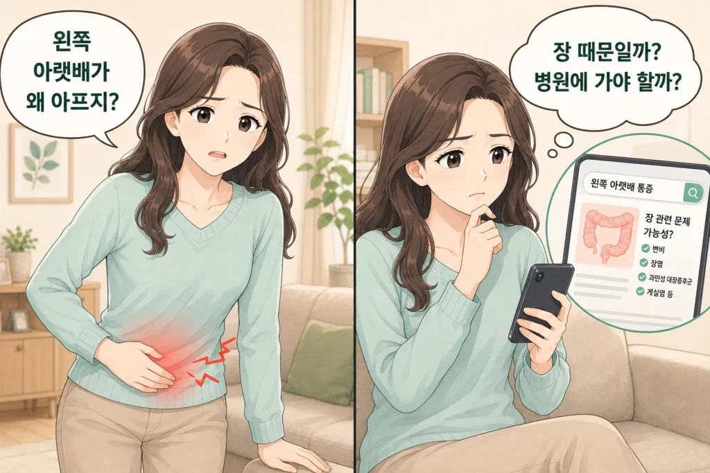 왼쪽 아랫배 통증을 느낀 뒤 장 문제인지, 병원 진료가 필요한지 스마트폰으로 검색하는 여성 대표캐릭터의 공감형 2컷 만화