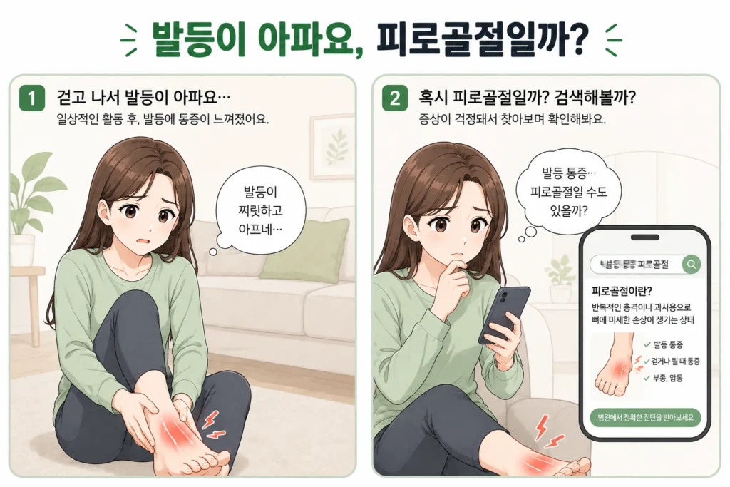 발등 통증을 느끼는 여성이 발등을 짚은 뒤 스마트폰으로 피로골절 가능성을 검색하는 공감형 2컷 만화