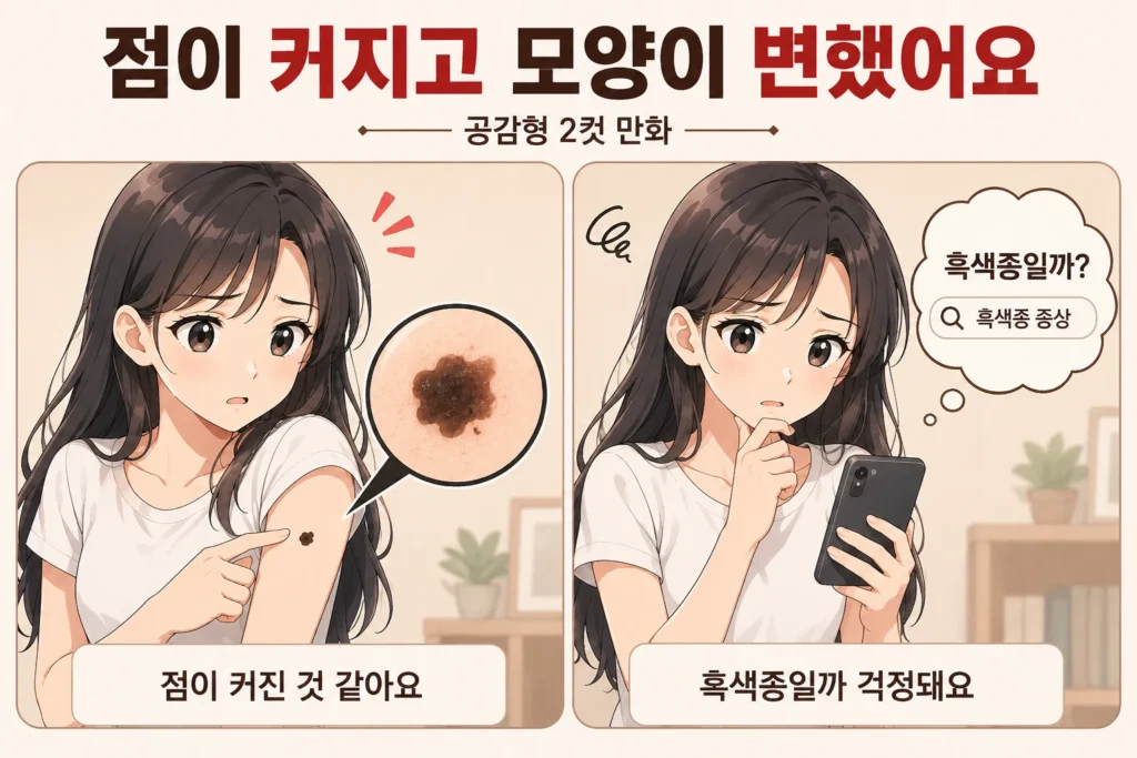 팔의 점이 커진 것 같아 확인한 뒤 스마트폰으로 흑색종 증상을 검색하며 걱정하는 일본풍 애니 스타일 여성의 공감형 2컷 만화